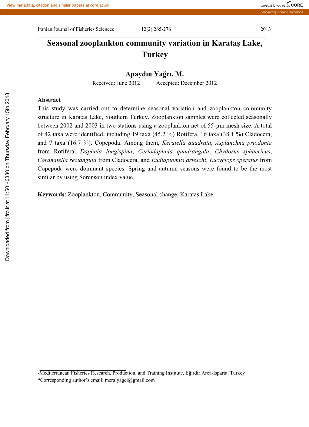 Seasonal Zooplankton Community Variation in Karatas Lake