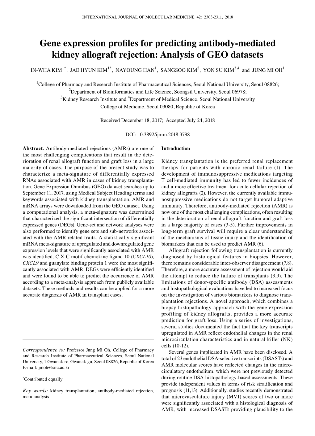 Gene Expression Profiles for Predicting Antibody‑Mediated Kidney Allograft Rejection: Analysis of GEO Datasets