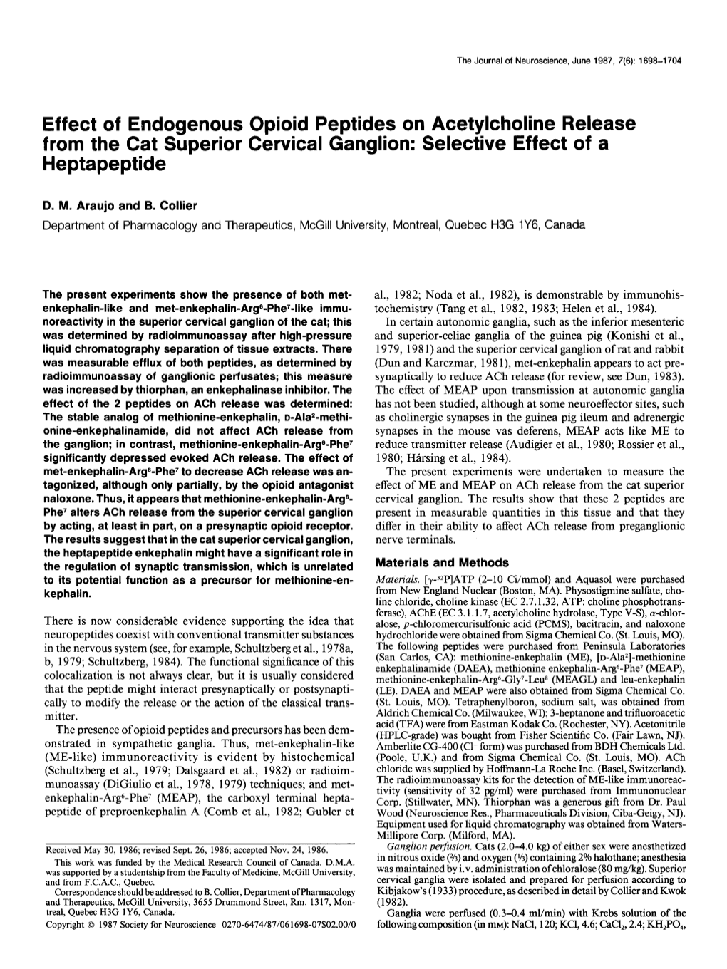 Effect of Endogenous Opioid Peptides on Acetylcholine Release from the Cat Superior Cervical Ganglion: Selective Effect of a Heptapeptide