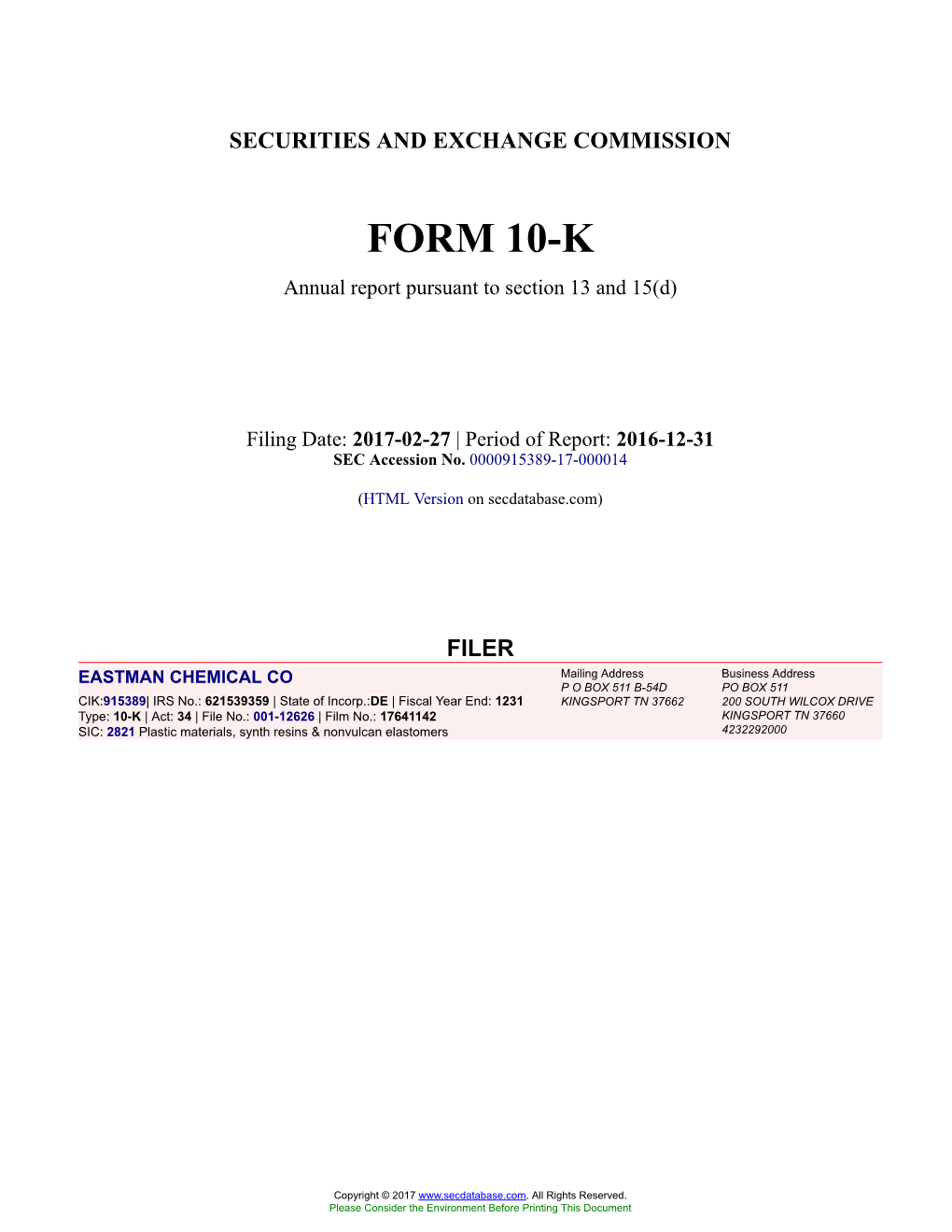 EASTMAN CHEMICAL CO Form 10-K Annual Report Filed 2017-02-27