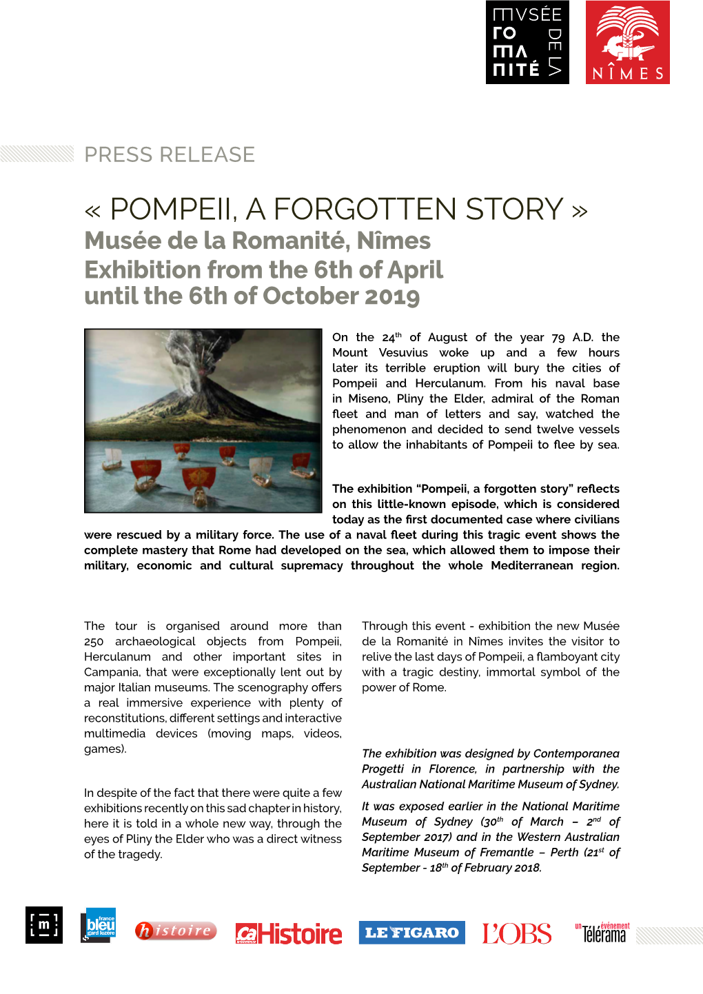 « POMPEII, a FORGOTTEN STORY » Musée De La Romanité, Nîmes Exhibition from the 6Th of April Until the 6Th of October 2019