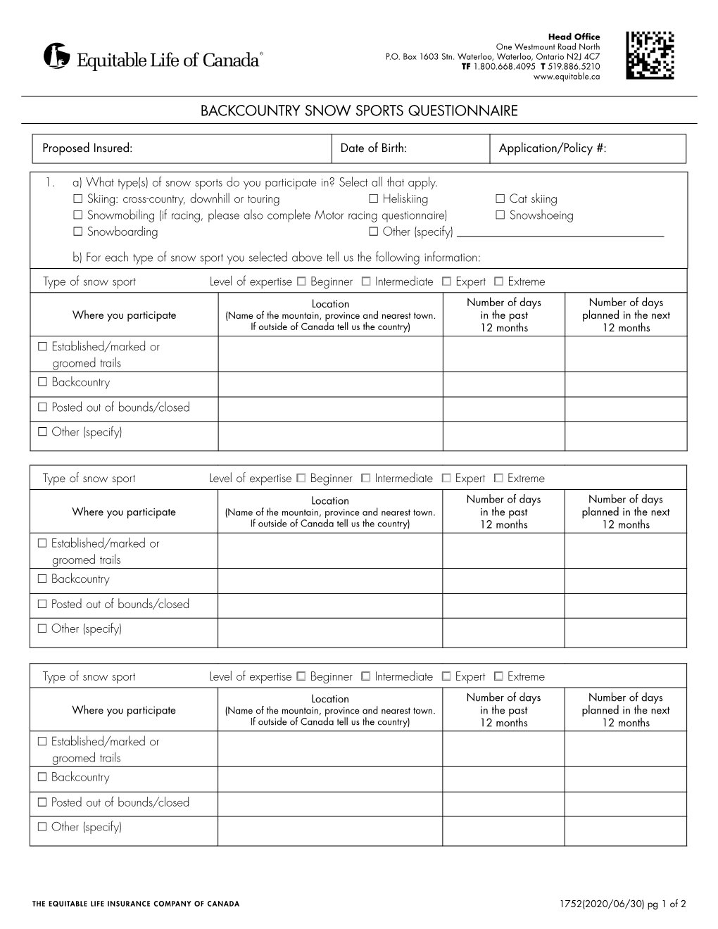 Backcountry Snow Sports Questionnaire File