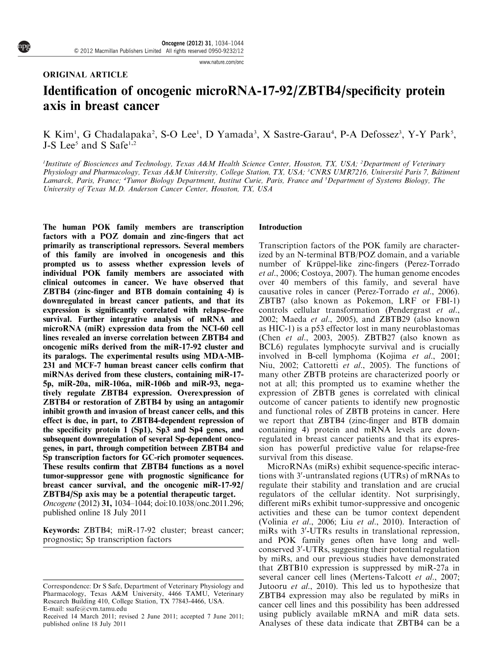 Identification of Oncogenic Microrna-17-92/ZBTB4/Specificity