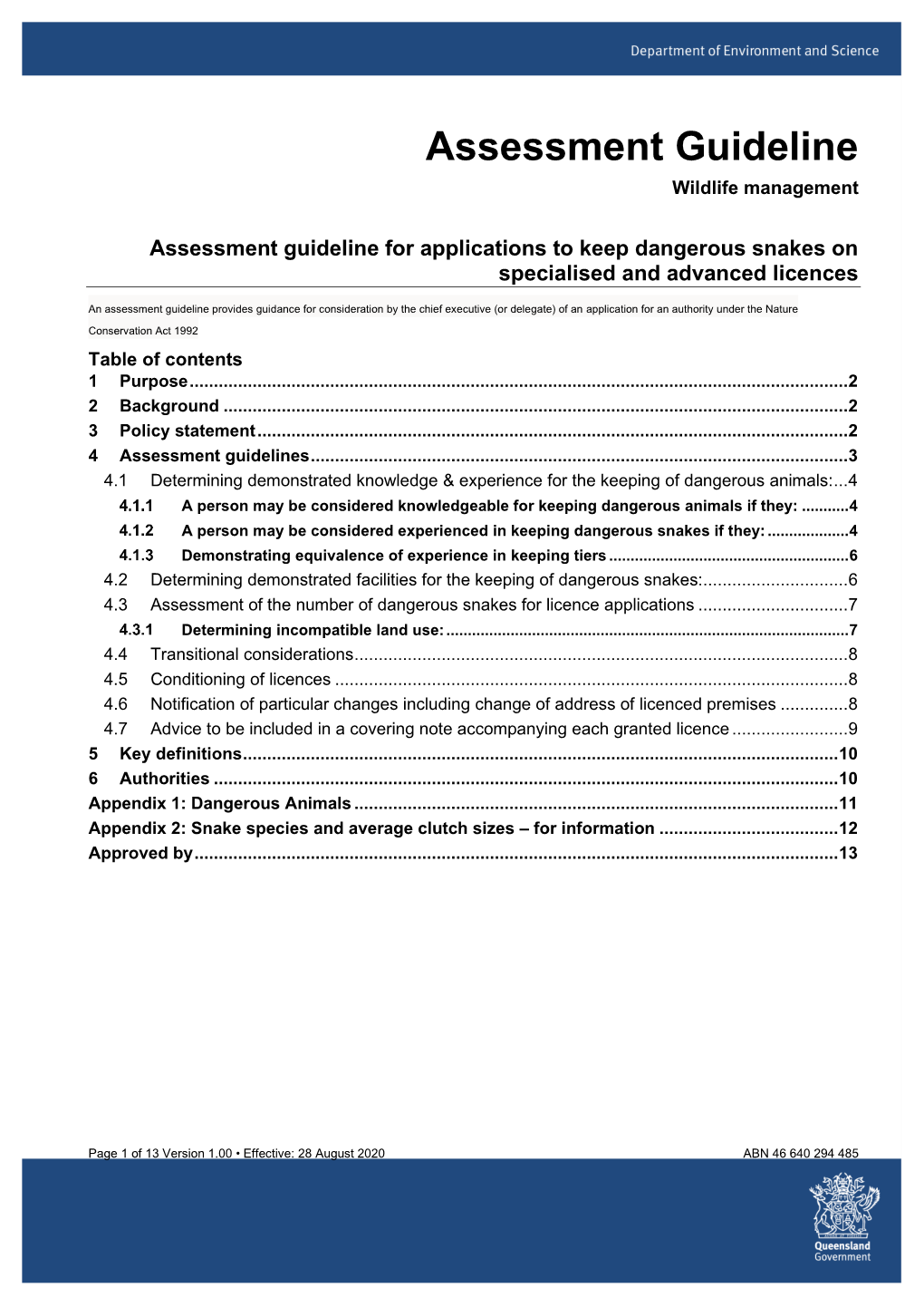 Assessment Guideline for Applications to Keep Dangerous Snakes on Specialised and Advanced Licences