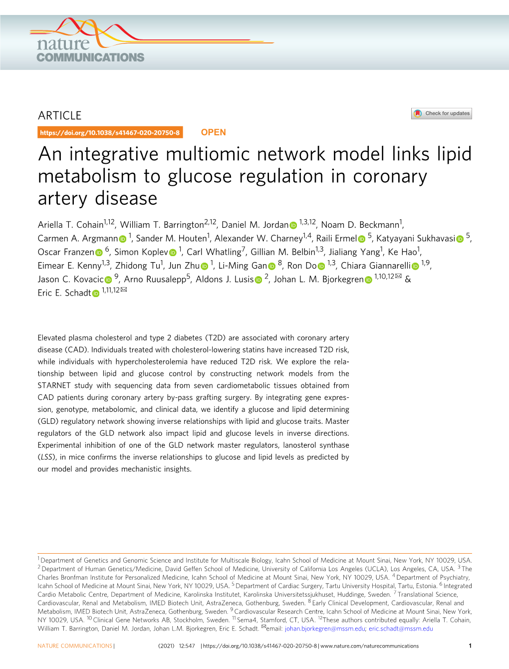 An Integrative Multiomic Network Model Links Lipid Metabolism to Glucose Regulation in Coronary Artery Disease