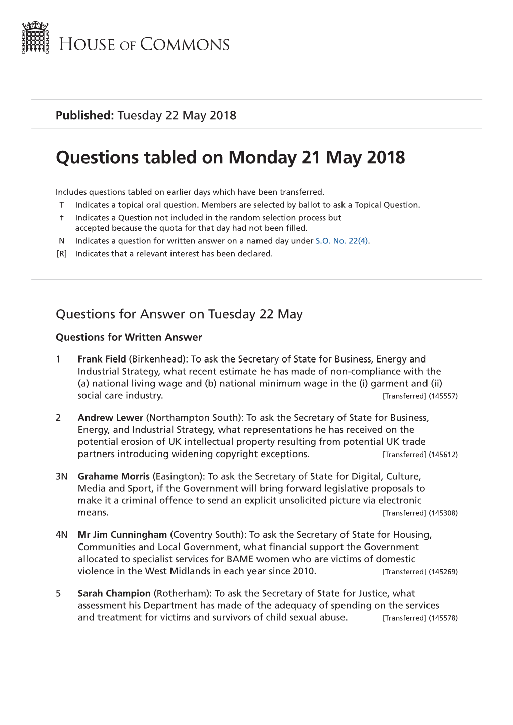 Questions Tabled on Mon 21 May 2018