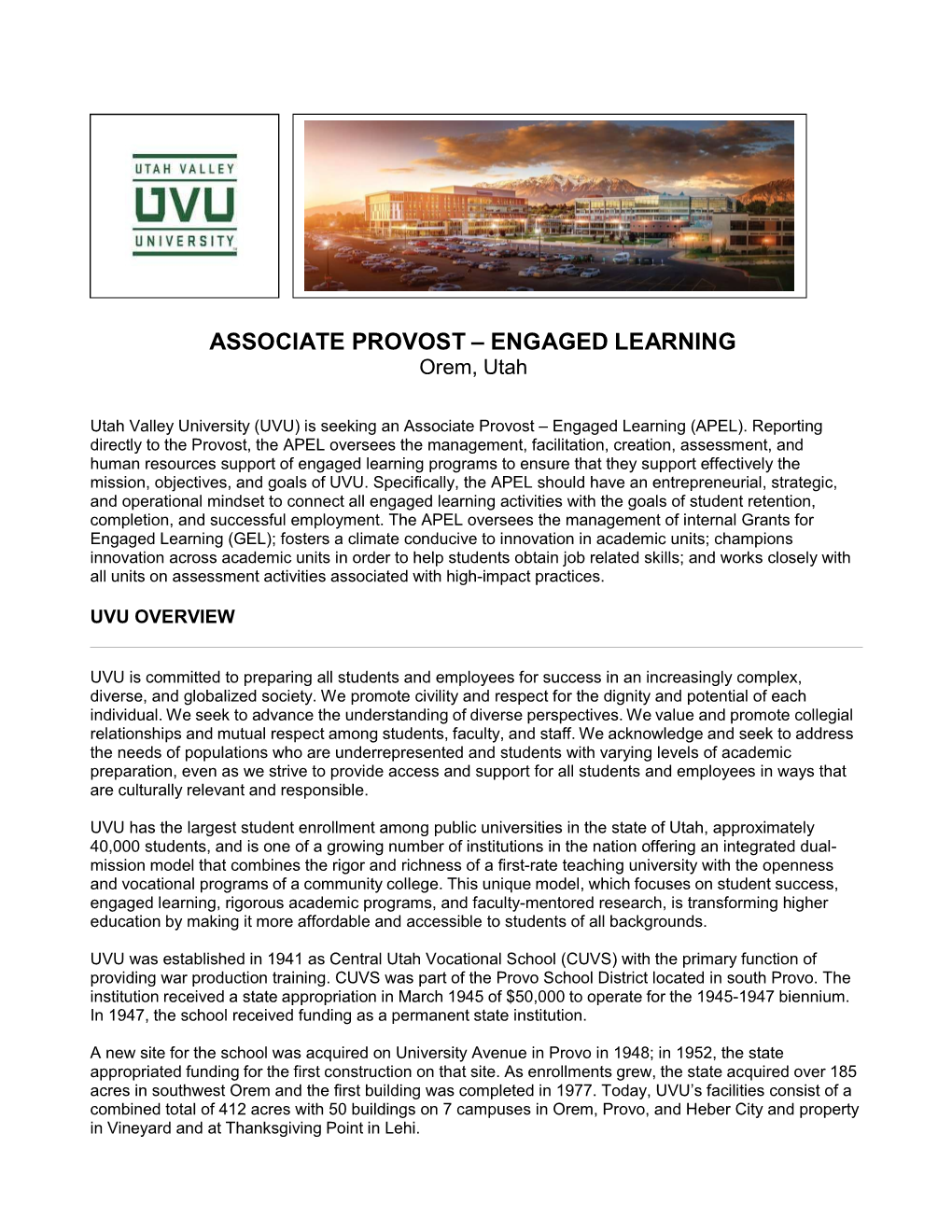 ASSOCIATE PROVOST – ENGAGED LEARNING Orem, Utah