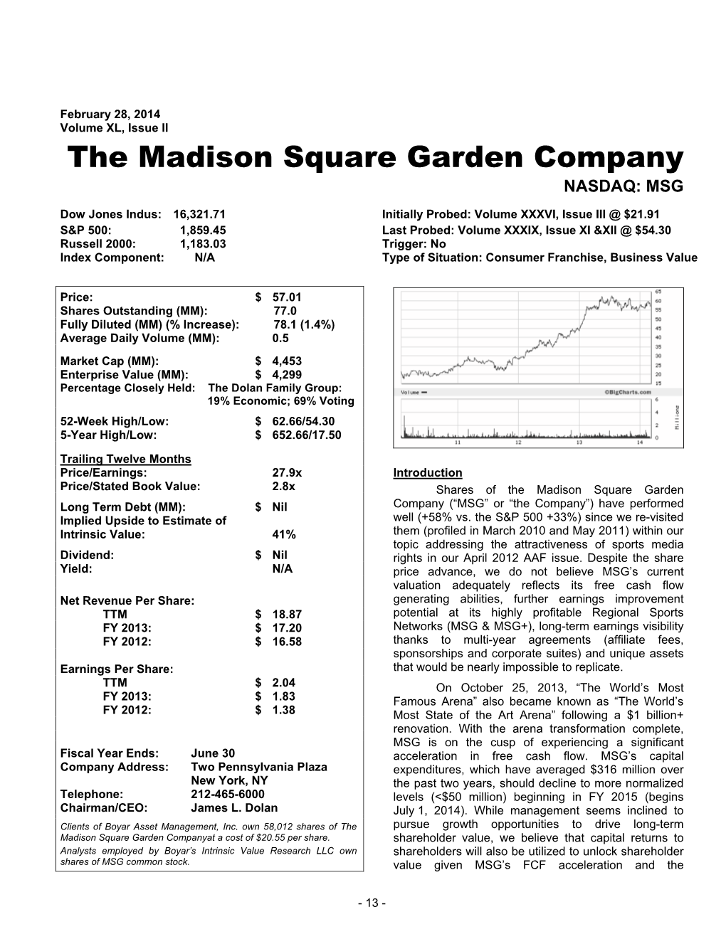 The Madison Square Garden Company NASDAQ: MSG