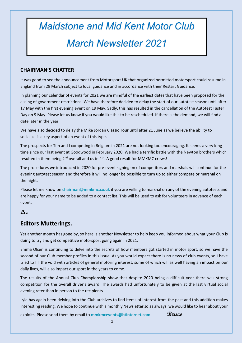 Maidstone and Mid Kent Motor Club March Newsletter 2021