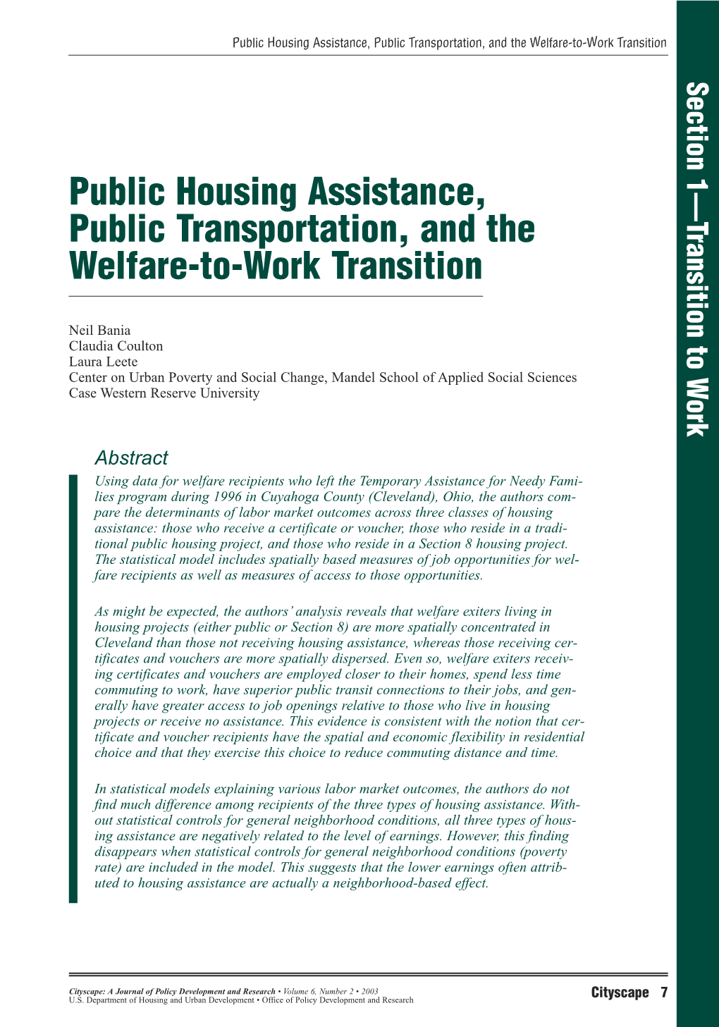Public Housing Assistance, Public Transportation, and the Welfare-To-Work Transition Section 1—Transition to Work