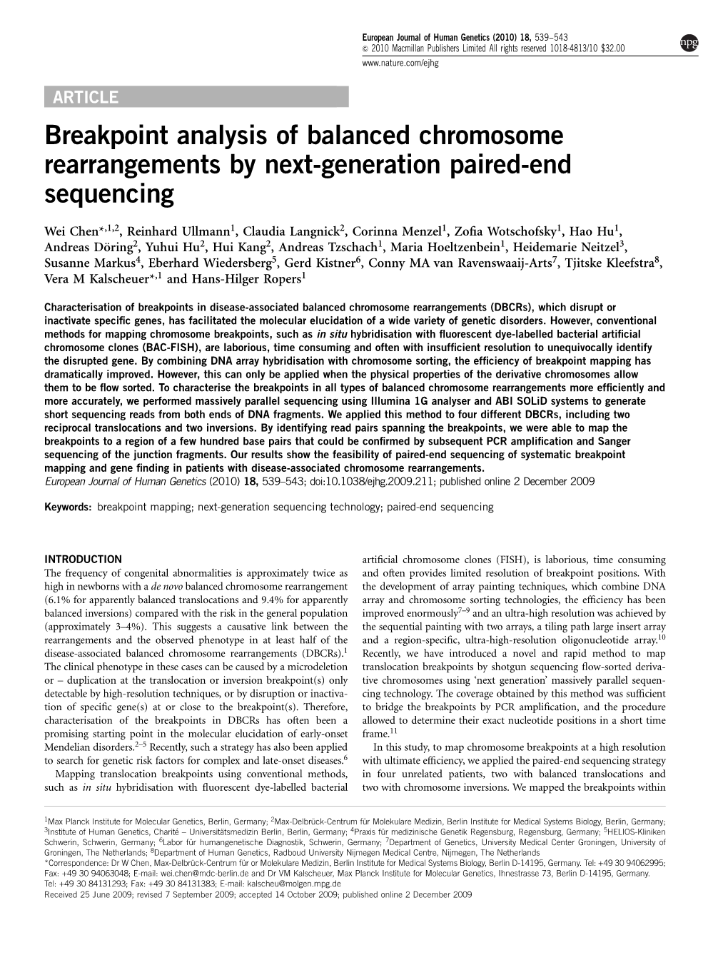 Breakpoint Analysis of Balanced Chromosome Rearrangements by Next-Generation Paired-End Sequencing