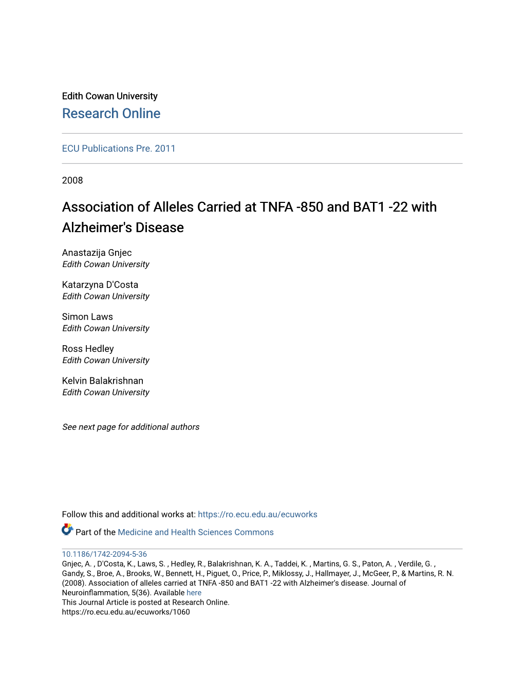 Association of Alleles Carried at TNFA -850 and BAT1 -22 with Alzheimer's Disease