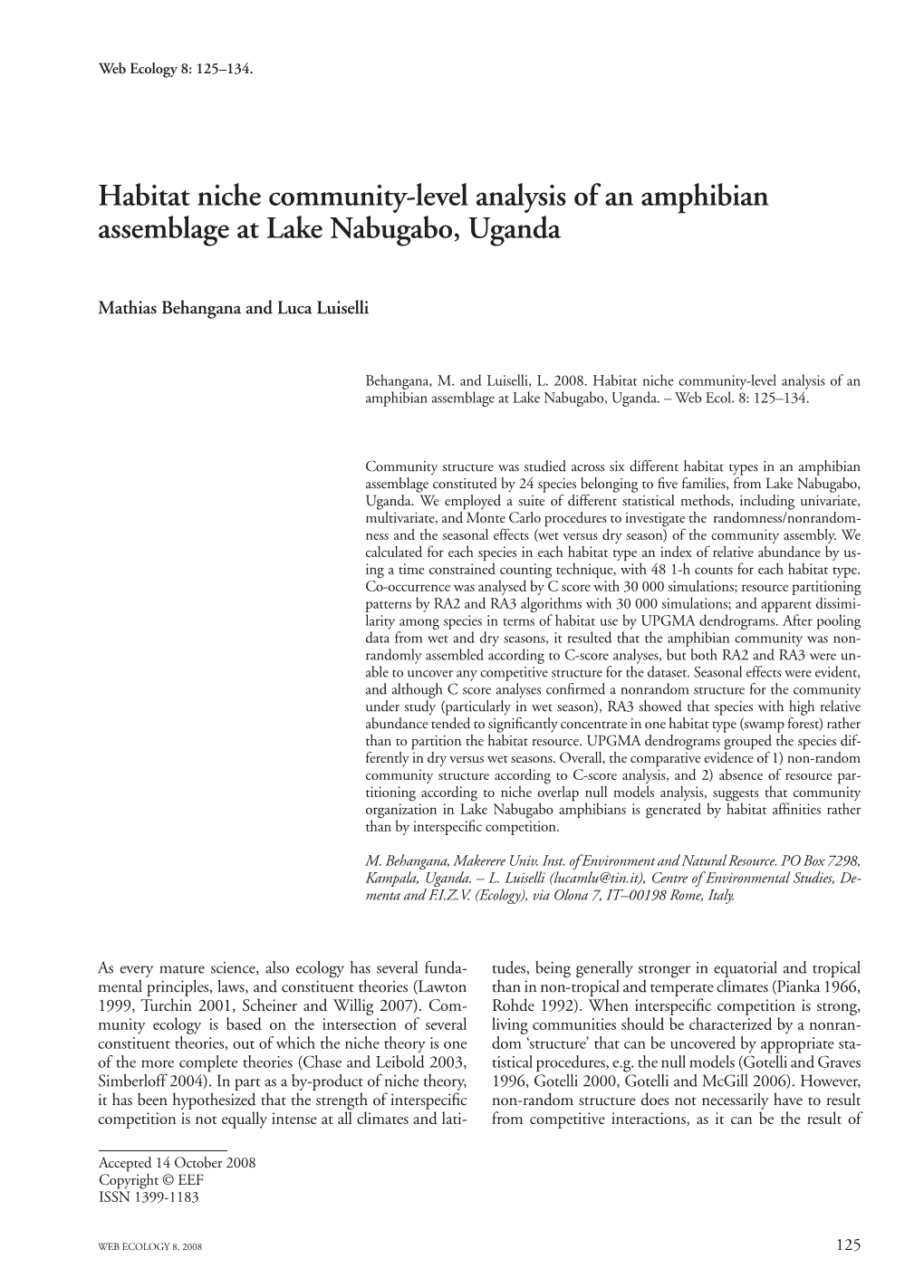 Habitat Niche Community-Level Analysis of an Amphibian Assemblage at Lake Nabugabo, Uganda