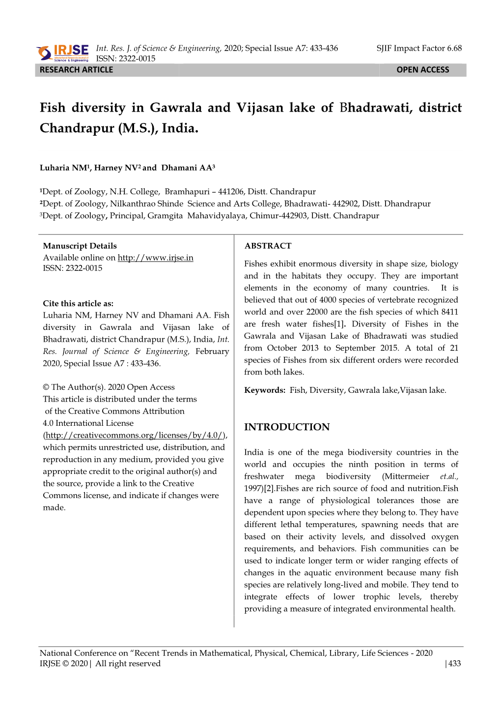 Fish Diversity in Gawrala and Vijasan Lake of Bhadrawati, District