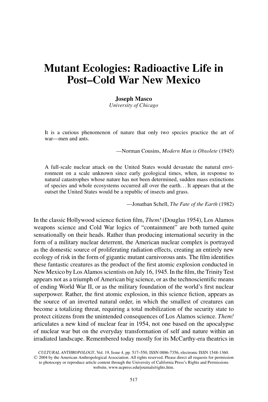 Mutant Ecologies: Radioactive Life in Post–Cold War New Mexico