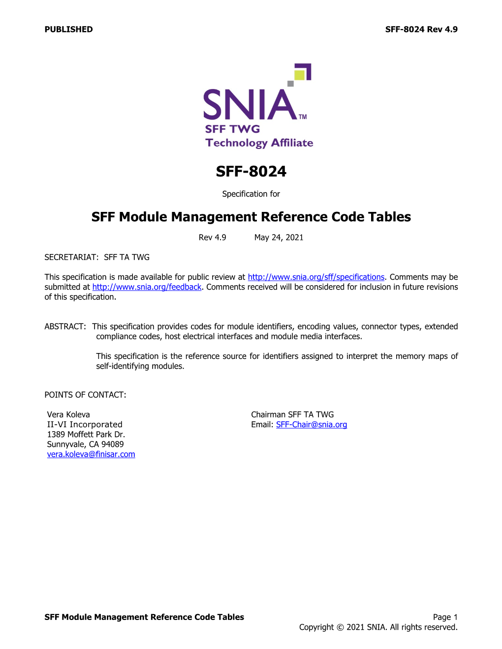 SFF-8024 SFF Module Management Reference Code Tables