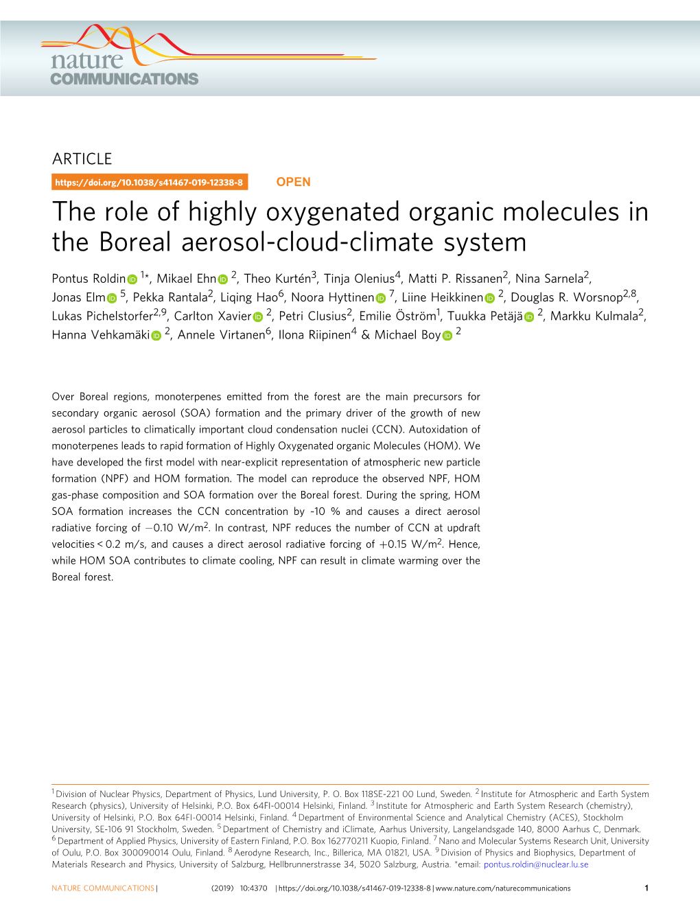 The Role of Highly Oxygenated Organic Molecules in the Boreal Aerosol-Cloud-Climate System