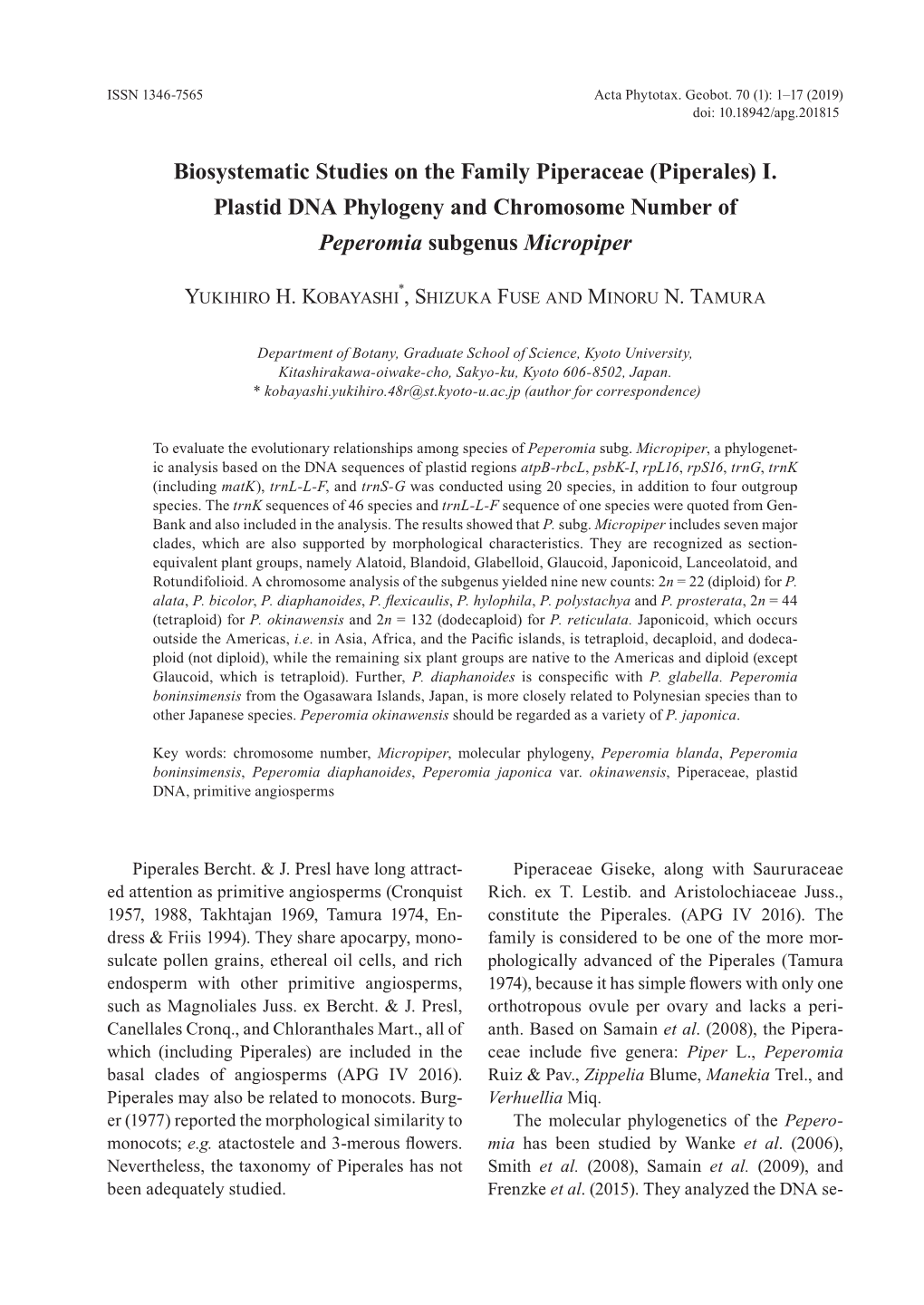 (Piperales) I. Plastid DNA Phylogeny and Chromosome Number of Peperomia Subgenus Micropiper