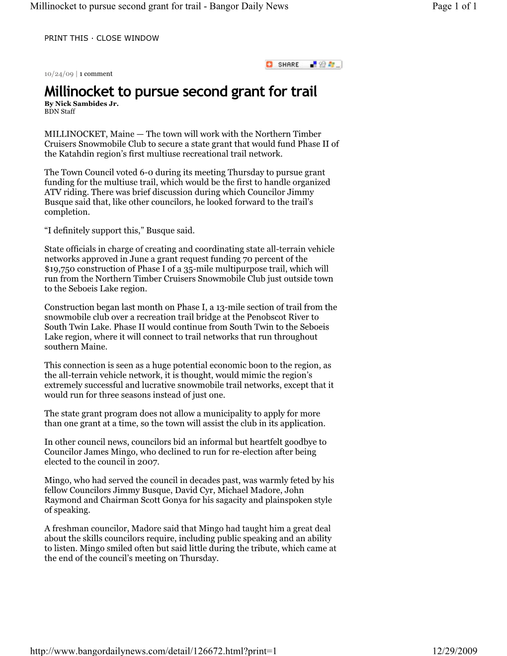 Millinocket to Pursue Second Grant for Trail - Bangor Daily News Page 1 of 1