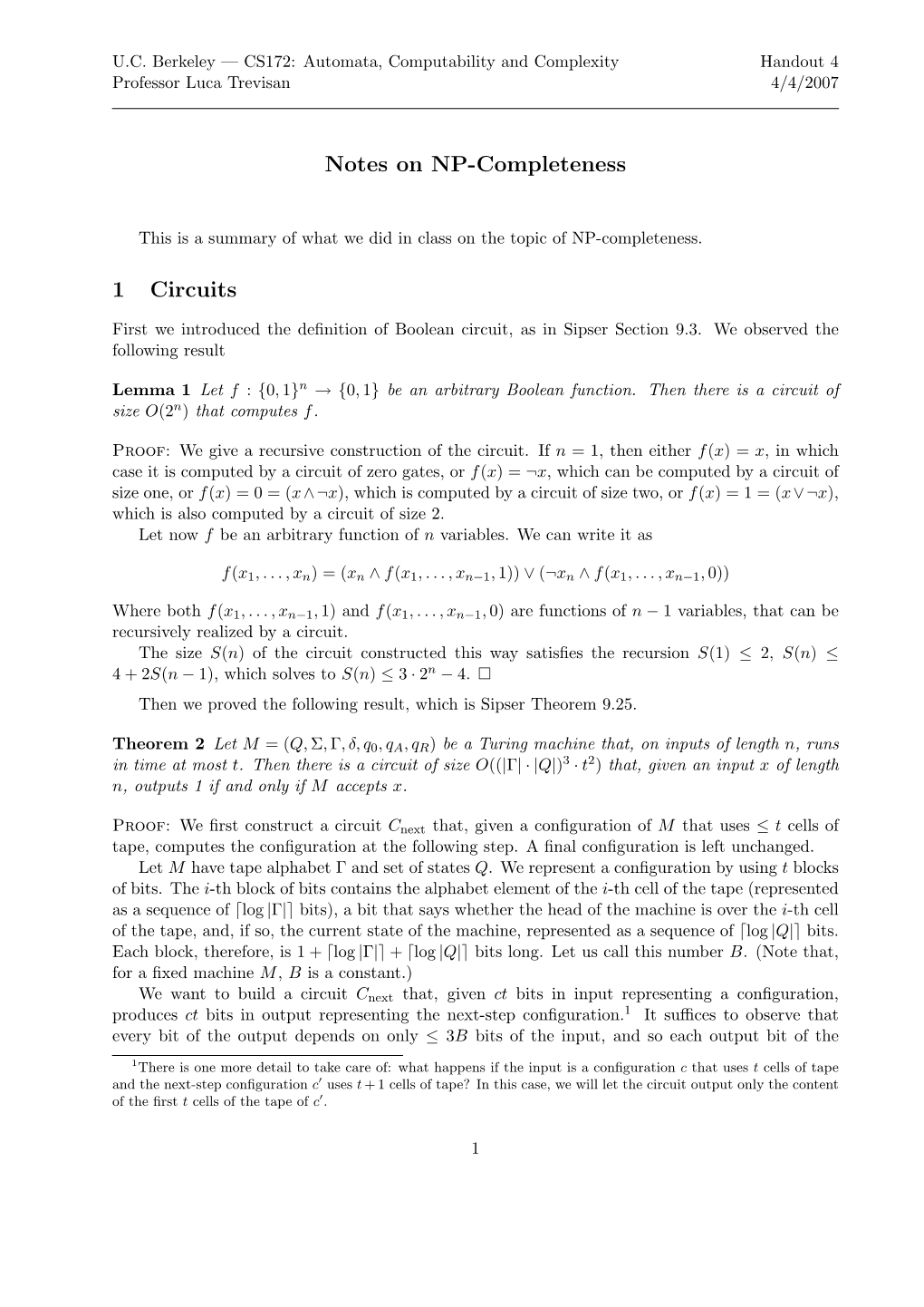 Notes on NP-Completeness 1 Circuits