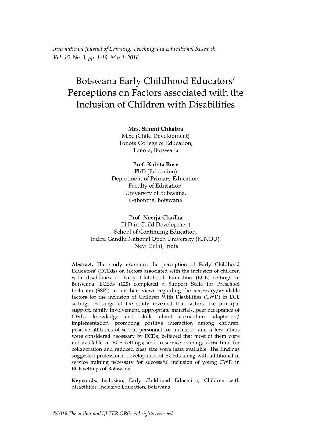 Botswana Early Childhood Educators‟ Perceptions on Factors Associated with the Inclusion of Children with Disabilities