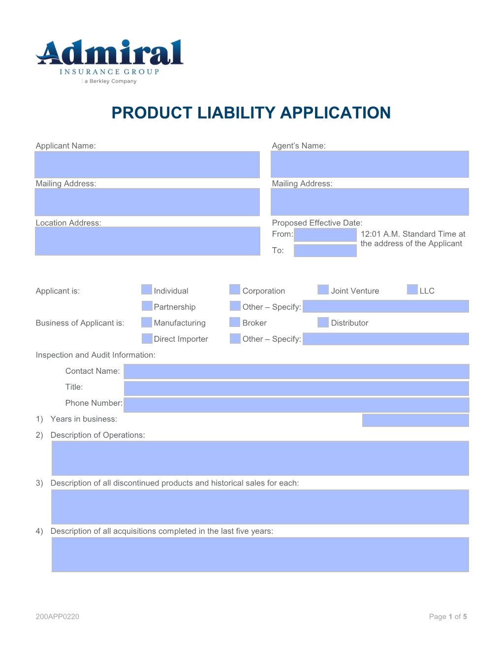 Product Liability Application [200APP0220]
