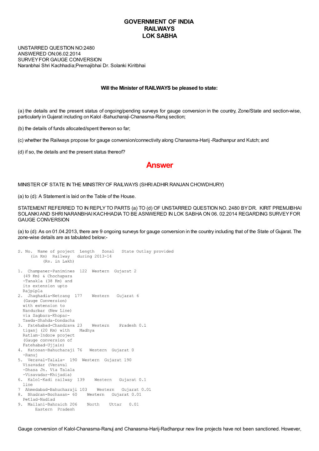 ANSWERED ON:06.02.2014 SURVEY for GAUGE CONVERSION Naranbhai Shri Kachhadia;Premajibhai Dr