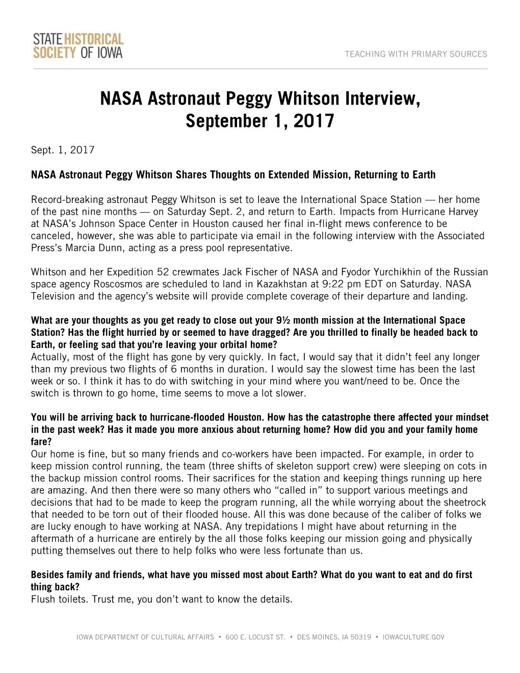 Full Transcript of Peggy Whitson's Interview