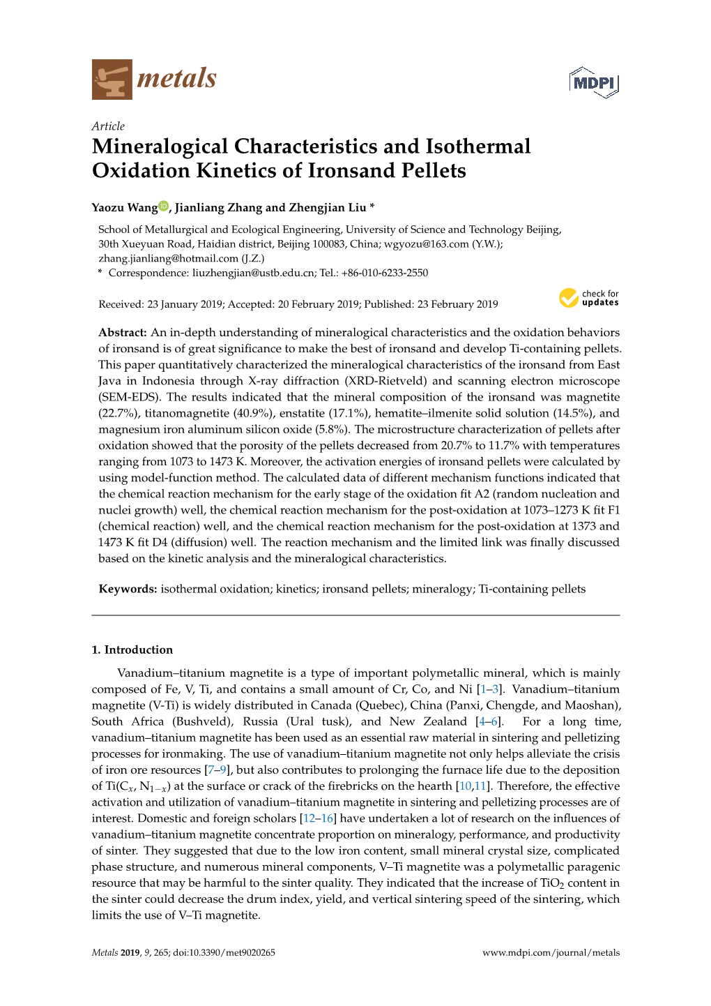 Mineralogical Characteristics and Isothermal Oxidation Kinetics of Ironsand Pellets