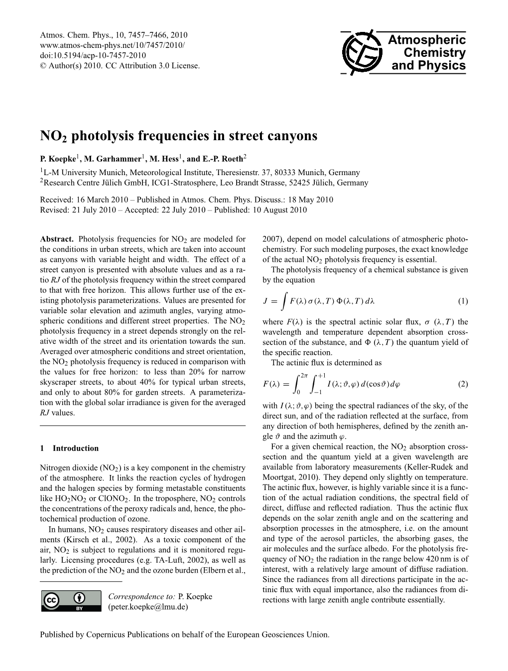 NO2 Photolysis Frequencies in Street Canyons