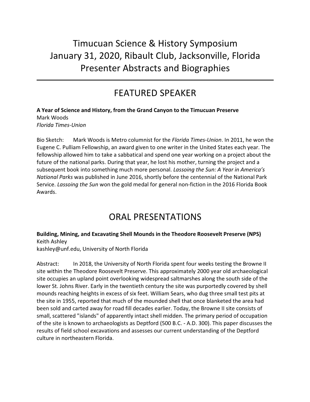 Timucuan Science & History Symposium January 31, 2020