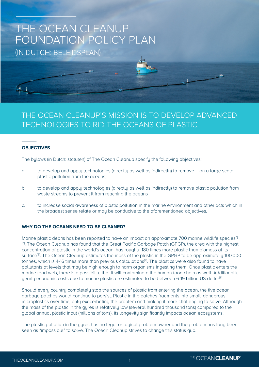 The Ocean Cleanup Foundation Policy Plan (In Dutch: Beleidsplan)