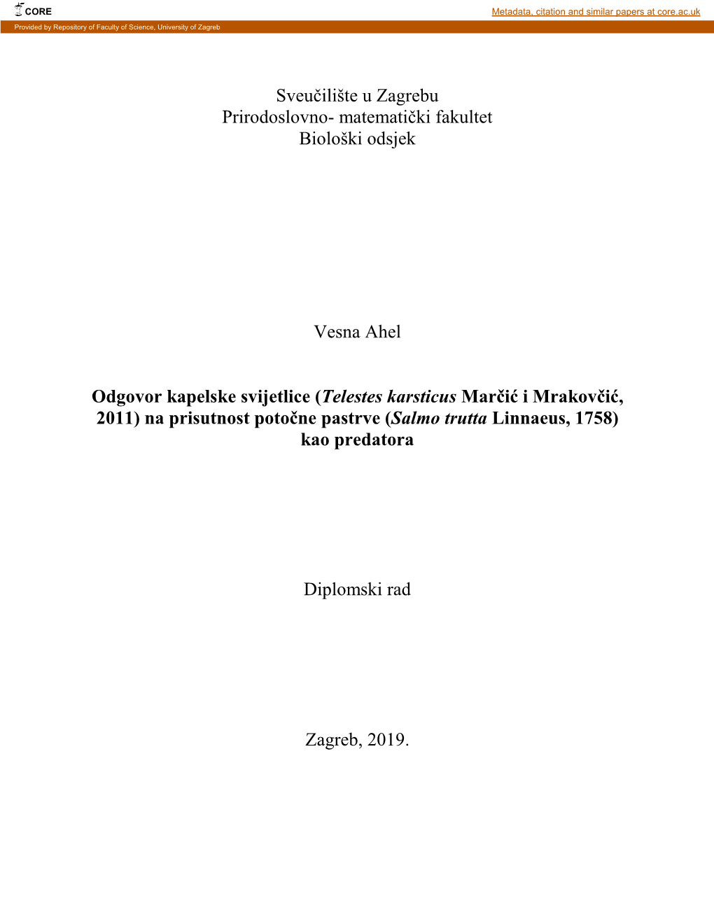 Sveučilište U Zagrebu Prirodoslovno- Matematički Fakultet Biološki Odsjek