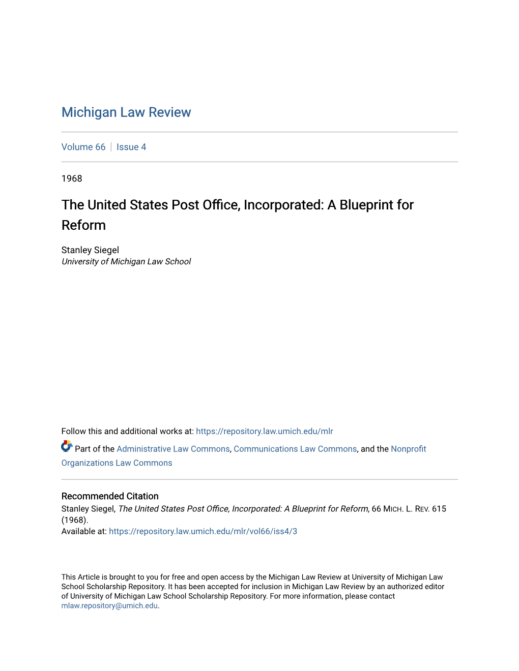 The United States Post Office, Incorporated: a Blueprint for Reform
