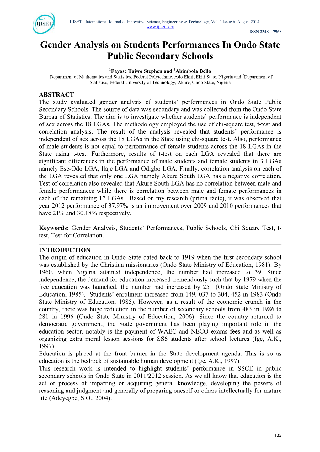 Gender Analysis on Students Performances in Ondo State Public Secondary Schools