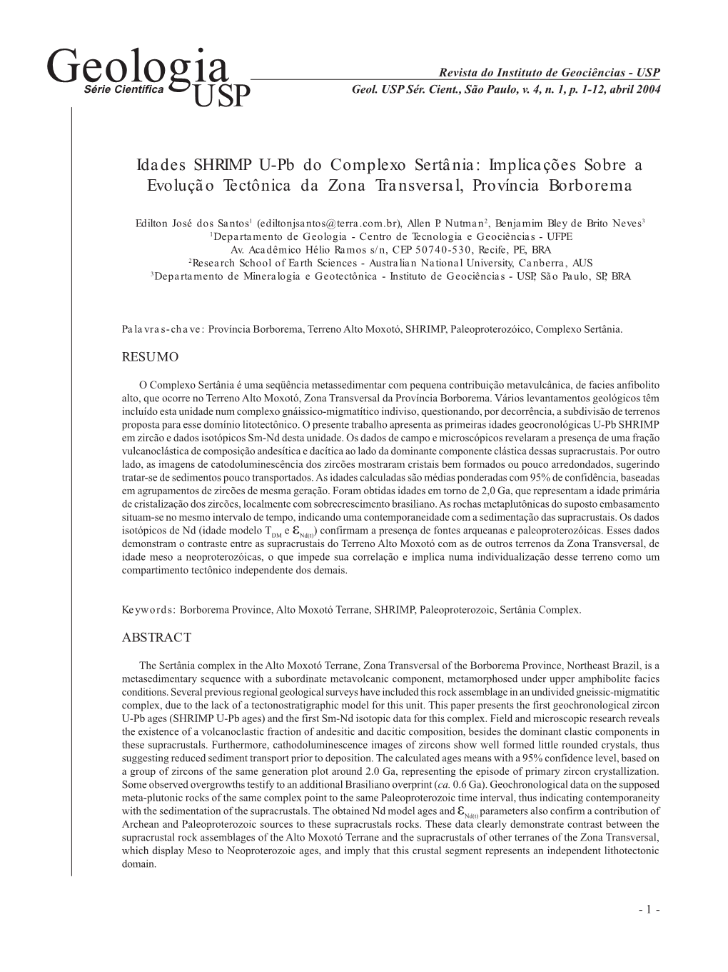 Geologia Revista Do Instituto De Geociências - USP Série Científica USP Geol