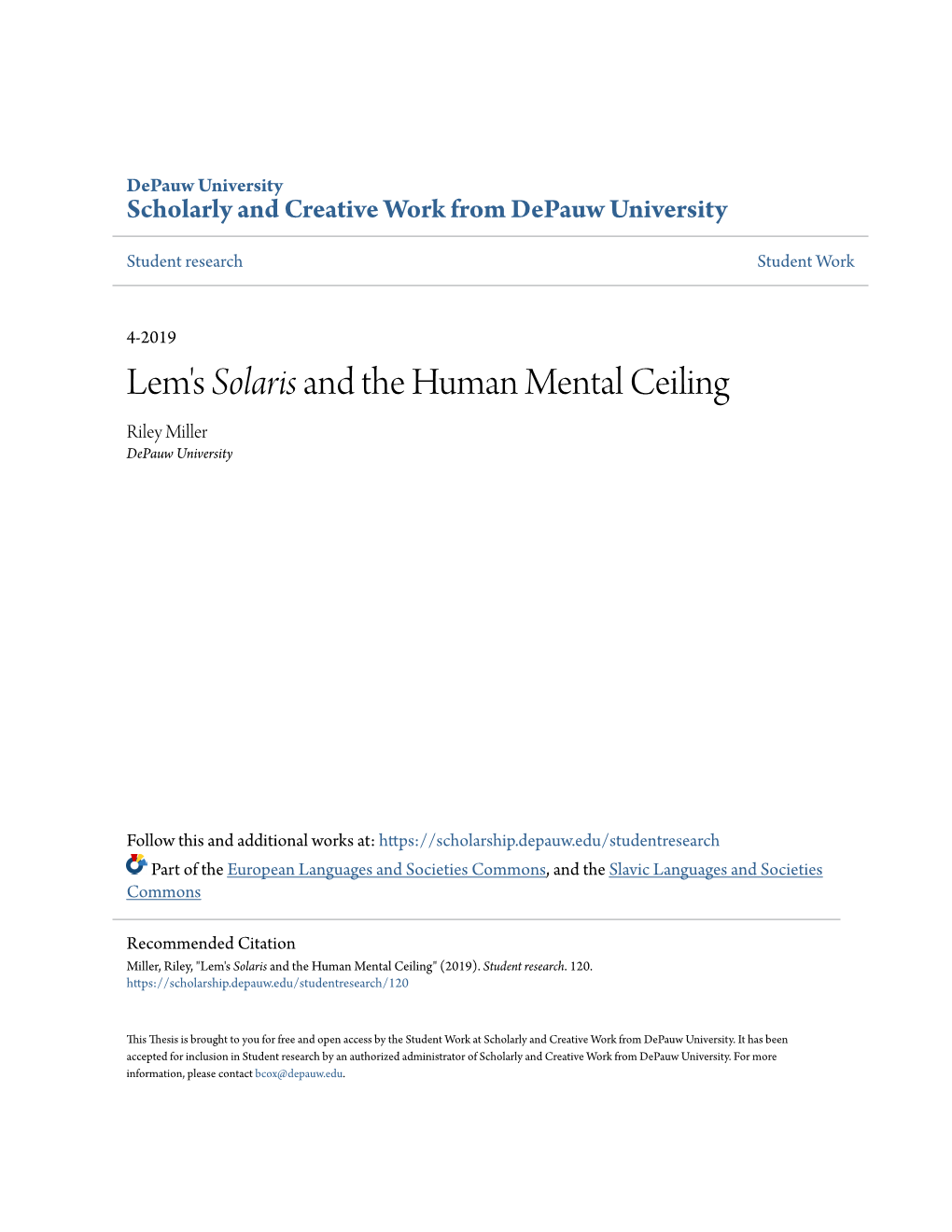 Lem's Solaris and the Human Mental Ceiling Riley Miller Depauw University