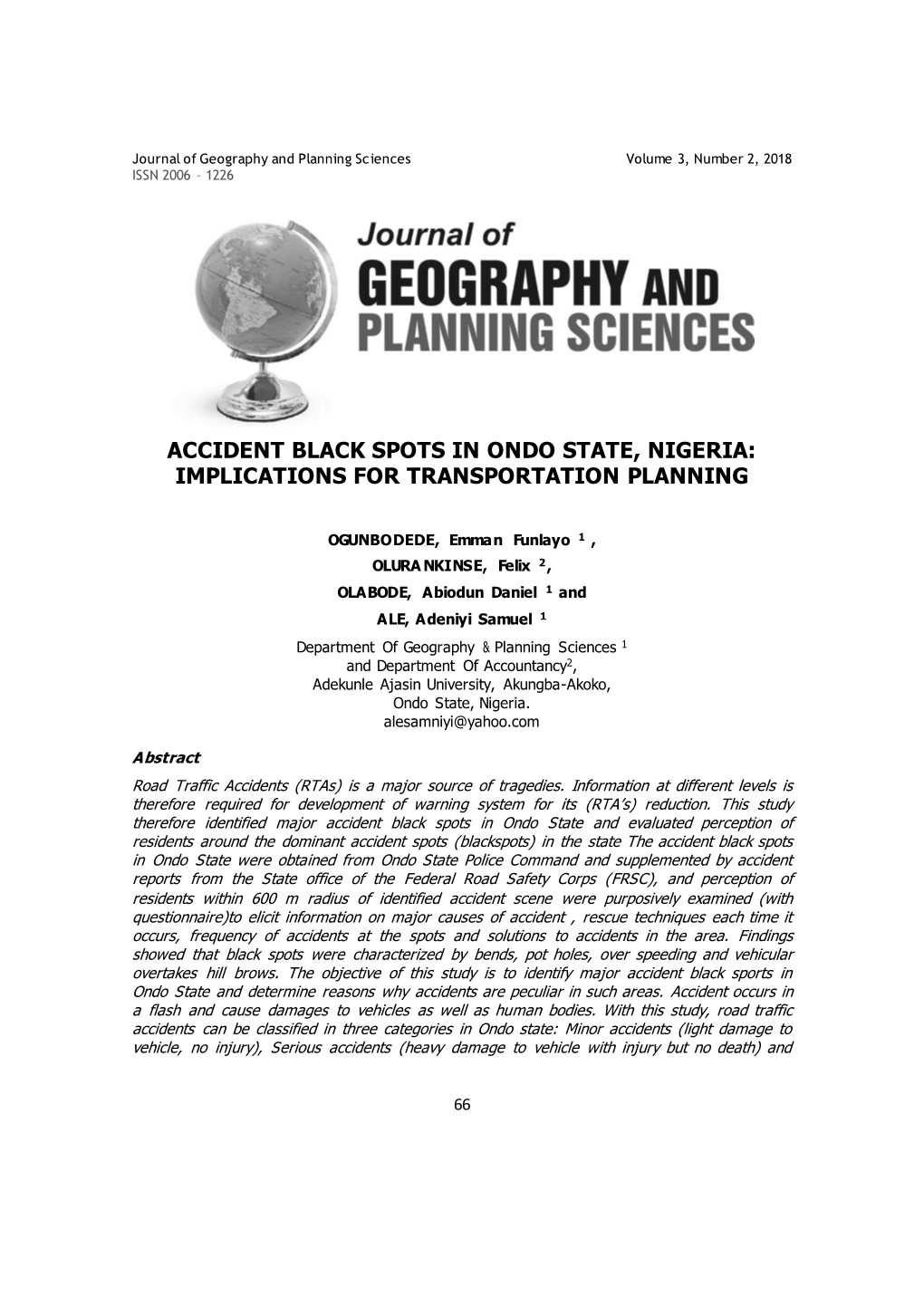 Accident Black Spots in Ondo State, Nigeria: Implications for Transportation Planning