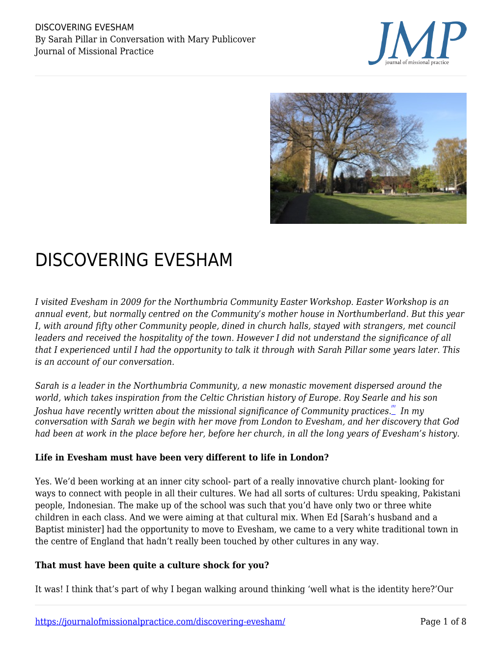 DISCOVERING EVESHAM by Sarah Pillar in Conversation with Mary Publicover Journal of Missional Practice