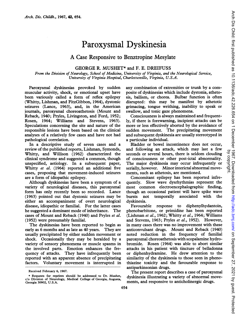 Paroxysmal Dyskinesia a Case Responsive to Benztropine Mesylate GEORGE R
