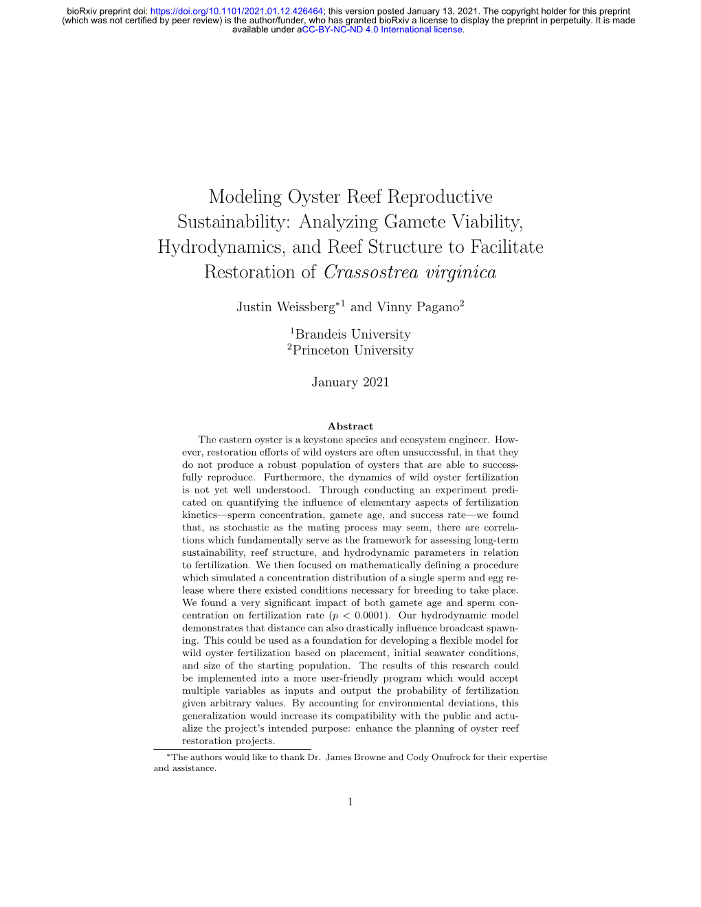 Modeling Oyster Reef Reproductive Sustainability: Analyzing Gamete Viability, Hydrodynamics, and Reef Structure to Facilitate Restoration of Crassostrea Virginica