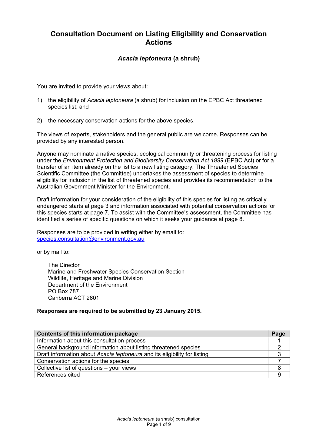 Consultation Document on Listing Eligibility and Conservation Actions