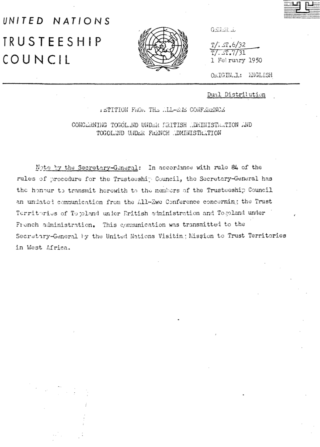 Trusteeship Council of the United Nntione in D-:Ic.::.Mlur, 1947, Requostin1~ Unification of the .L'wq Peoplo W1dcr One Administr~Tion