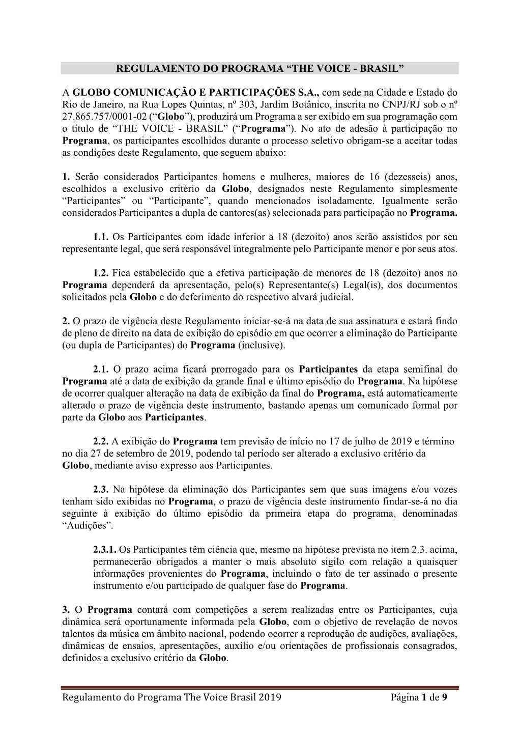 Regulamento Do Programa the Voice Brasil 2019 Página 1 De 9