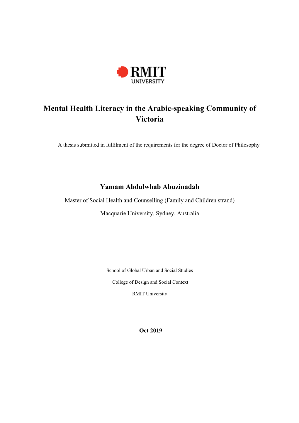 Mental Health Literacy in the Arabic-Speaking Community of Victoria