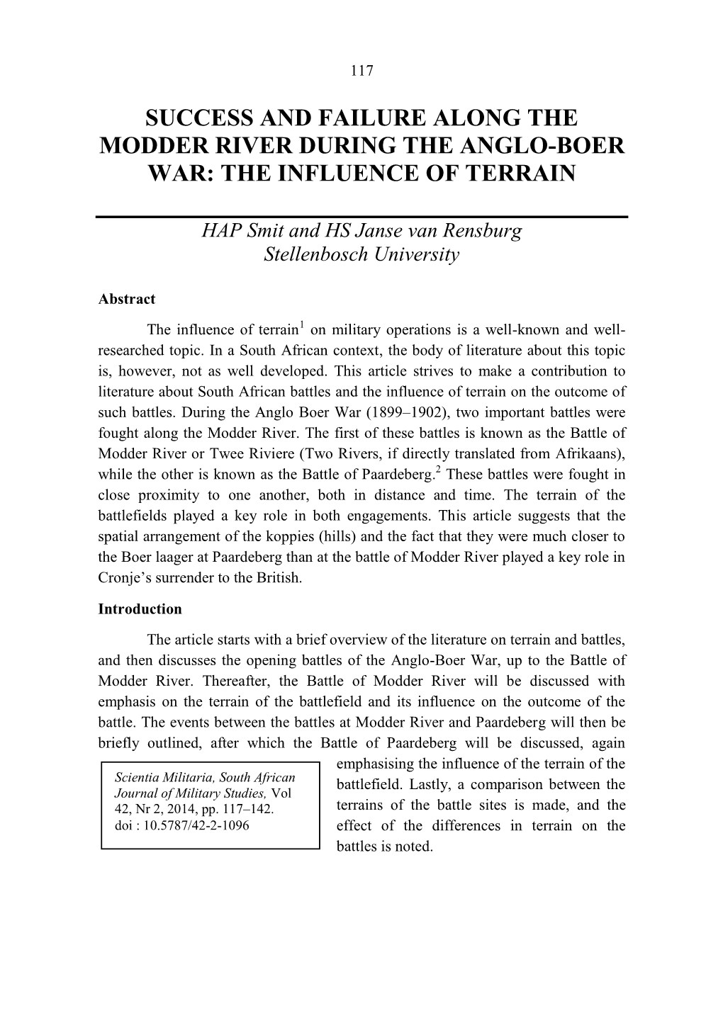 Success and Failure Along the Modder River During the Anglo-Boer War: the Influence of Terrain