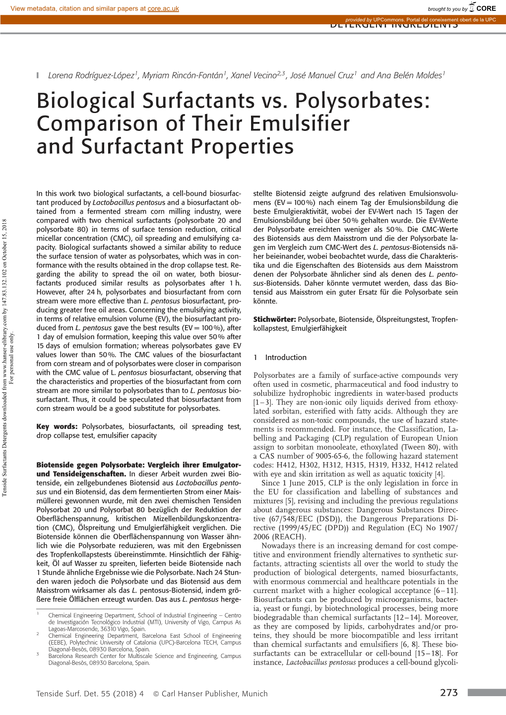 Biological Surfactants Vs. Polysorbates: Comparison of Their Emulsifier and Surfactant Properties