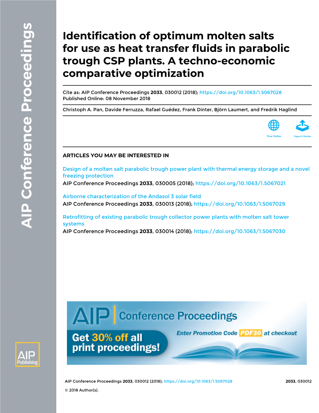 Identification of Optimum Molten Salts for Use As Heat Transfer Fluids in Parabolic Trough CSP Plants