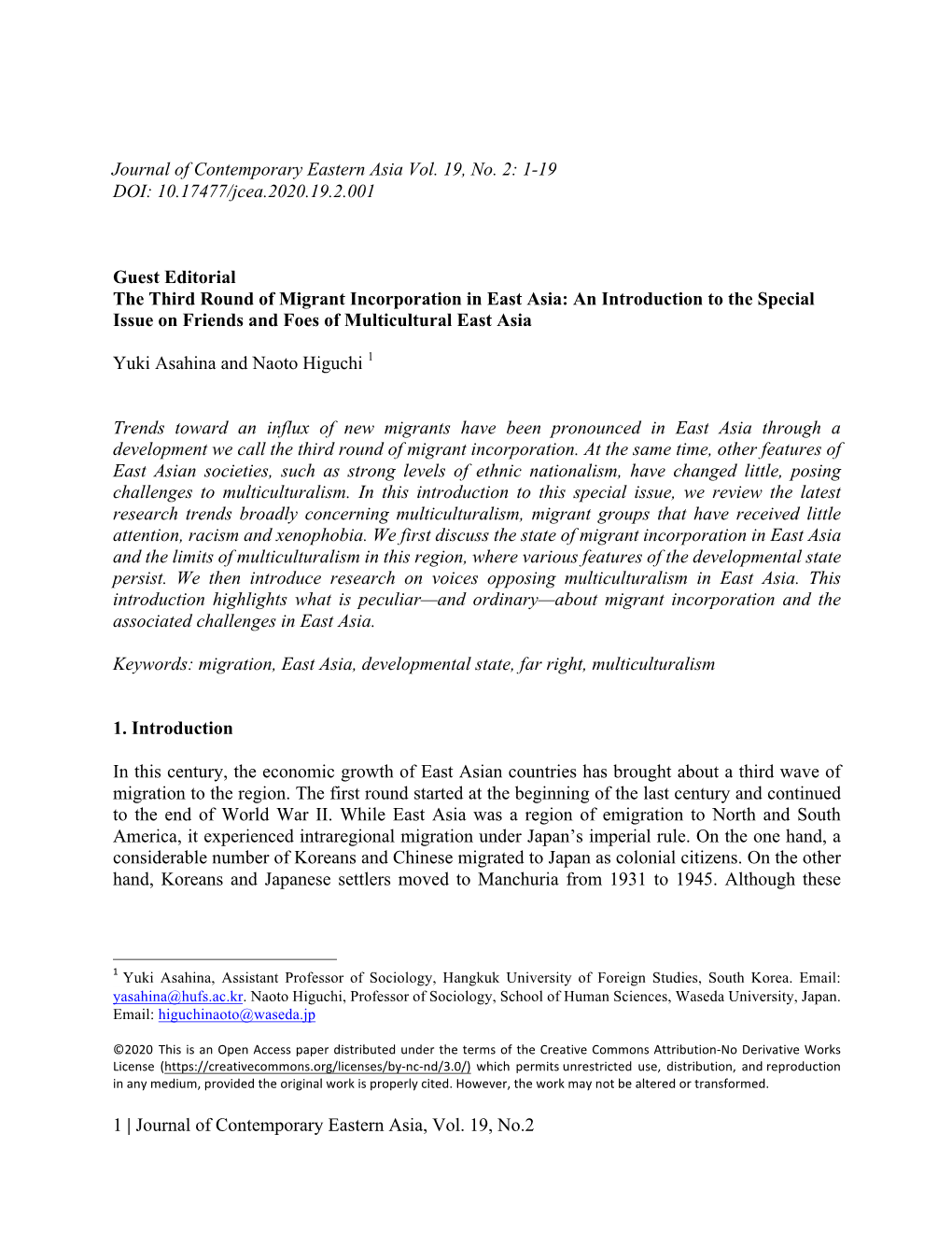 1 | Journal of Contemporary Eastern Asia, Vol. 19, No.2 Journal of Contemporary Eastern Asia Vol. 19, No. 2: 1-19 DOI: 10.17477