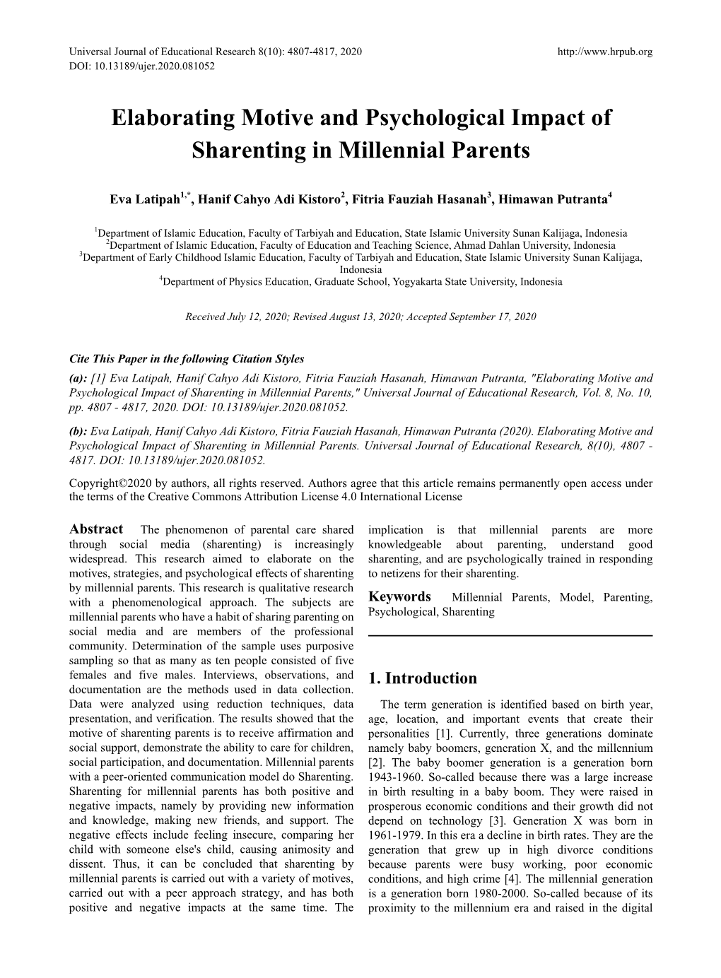 Elaborating Motive and Psychological Impact of Sharenting in Millennial Parents